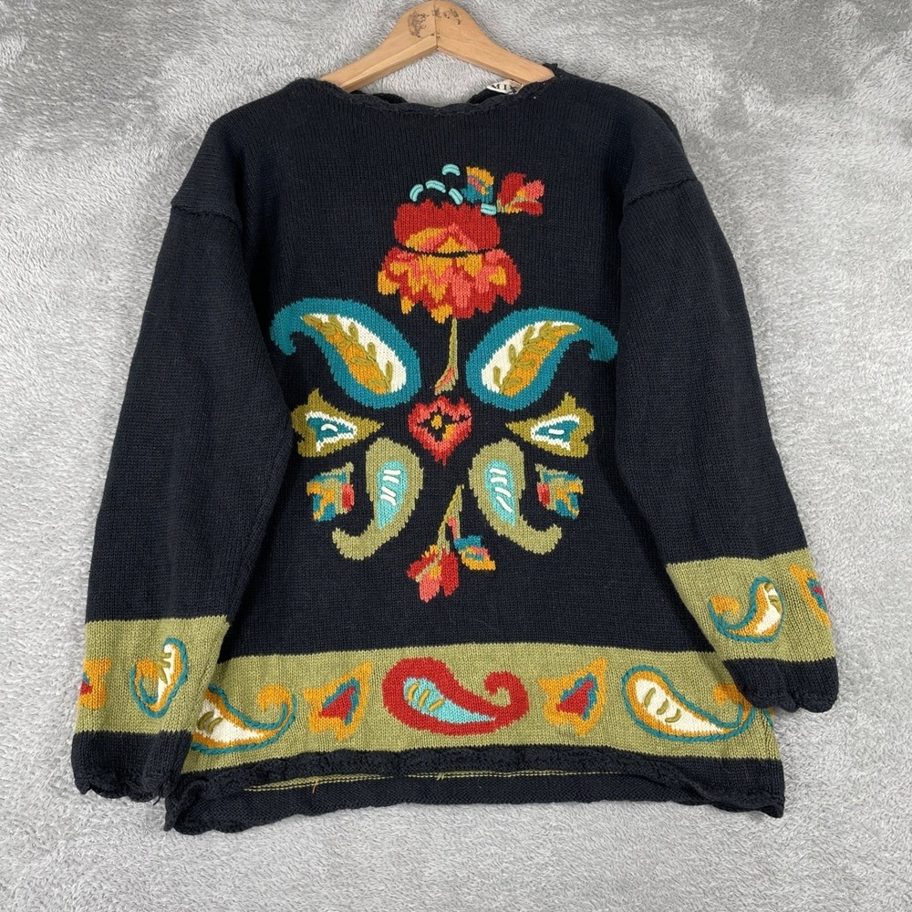 Mixit Sweater Womens Small Black Vintage Floral Paisley Intarsia Ramie Cotton